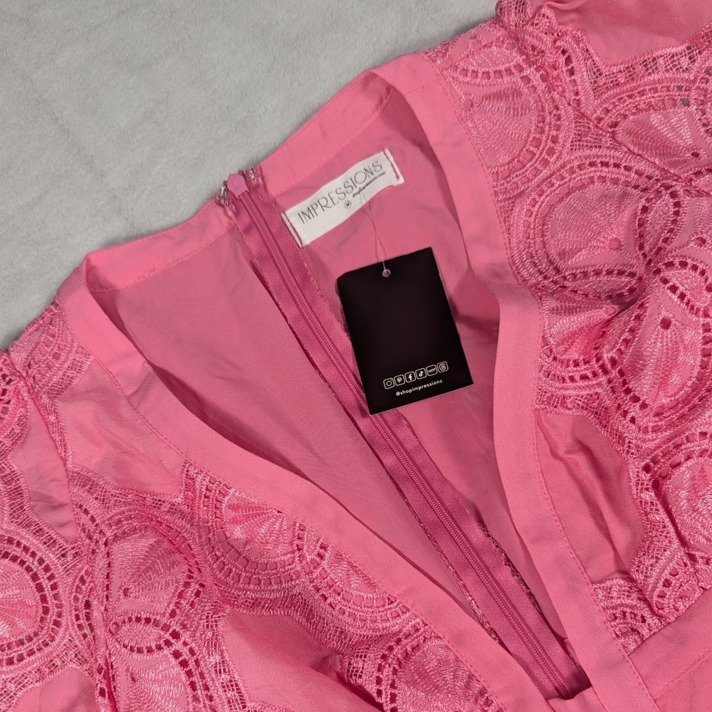 NEW Impressions Pink Eyelet Lace Mini Dress V-Neck Puff Sleeve Scallop Hem  Med